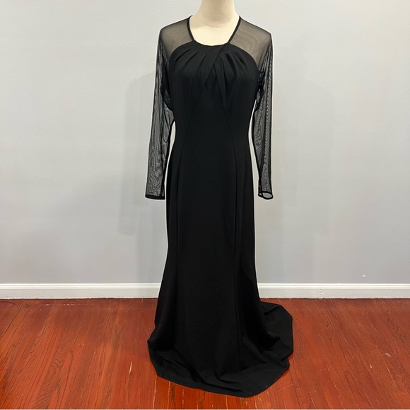 Calvin Klein Black Pleated Neckline Long Mesh Sleeves Evening Maxi Gown -Reemoly - Picture 1 of 14